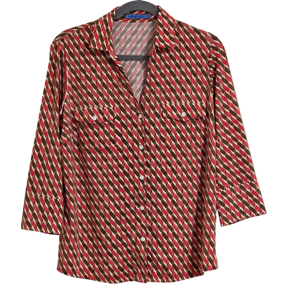 J McLaughlin Red Geometric Print Collared Button Up Shirt Women's Large Top